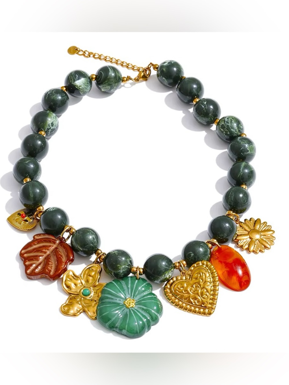 Gold-Tone Green Bead Charm Necklace with Floral and Heart Pendants